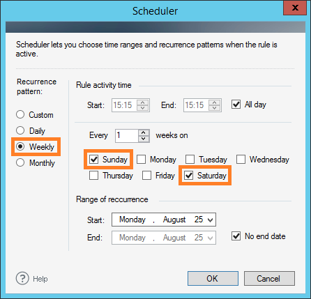 Setting the time frames for the rule to be triggered.
