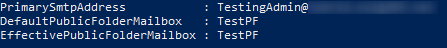 The new public folder mailbox has been successfully set as the default mailbox for the admin’s account.