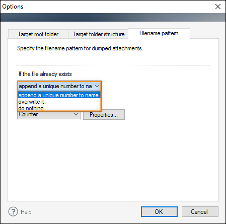 Providing filename patterns for dumped attachments.
