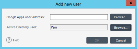 Choosing a new Google Apps user with the corresponding Active Directory account already added.