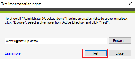 Backup Exchange test impersonation rights