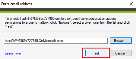 Backup O365 connection test impersonation rights