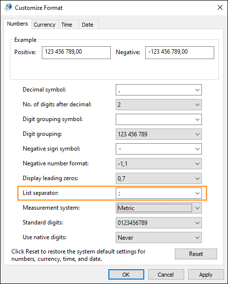 Checking the delimiter setting in Windows.