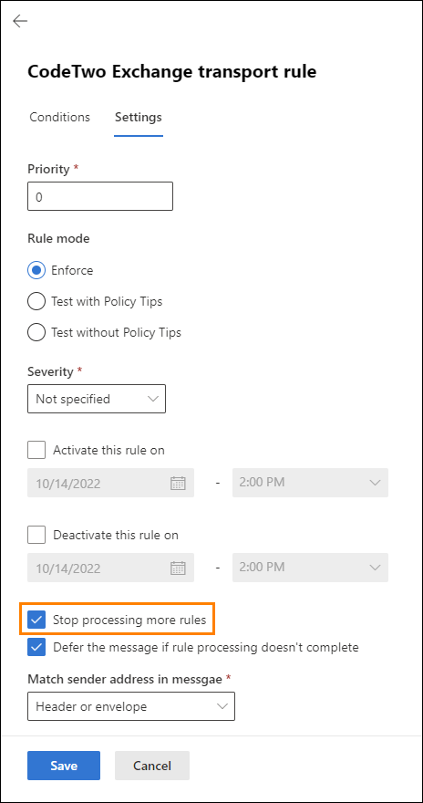 The modification of the CodeTwo Exchange transport rule.