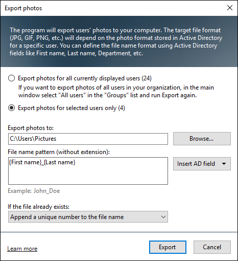 The Export photos configuration window.