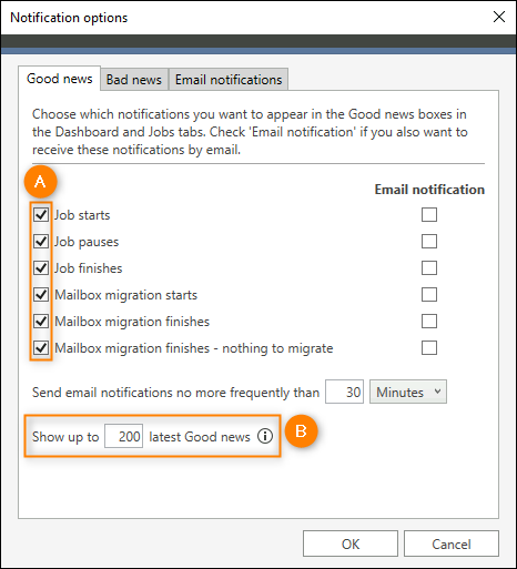 Enabling or disabling alert notifications (item A) and configuring the maximum number of alerts shown in the Administration Panel (item B).