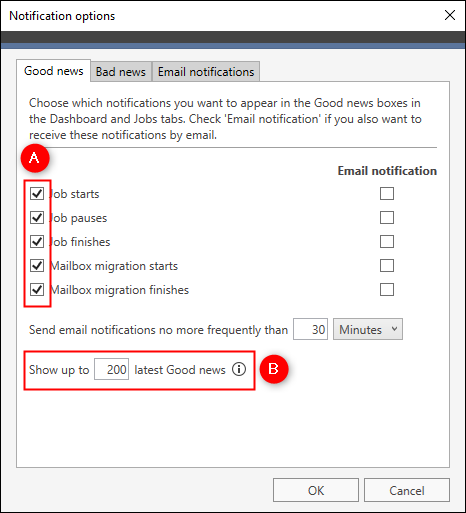 Enabling or disabling alert notifications (item A) and configuring the maximum number of alerts shown in the Administration Panel (item B).