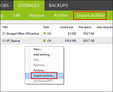 Backup create import archive job from Storages tab
