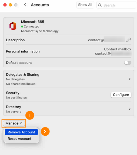 Removing a secondary email account from Outlook for Mac.