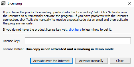 The licensing module window.
