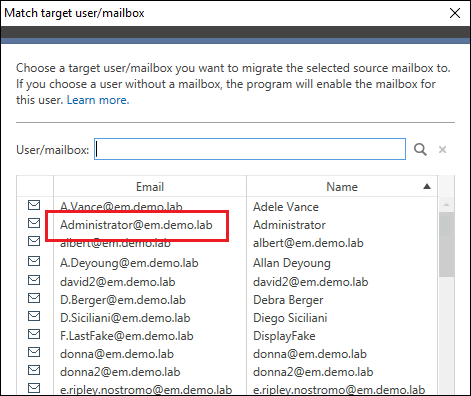 Target mailboxes listed in CodeTwo migration software.