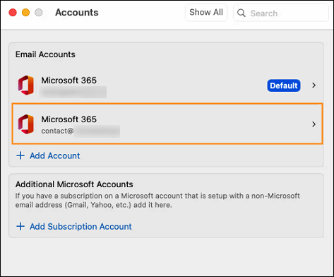Accessing the email account settings in Outlook for Mac.