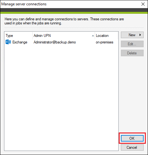 Backup Exchange manage connection confirmation