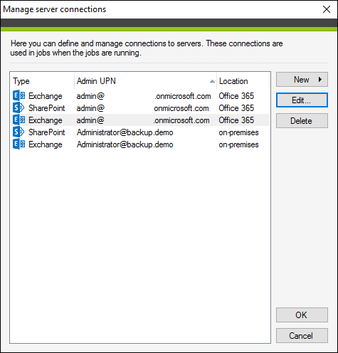Backup manage server connections window