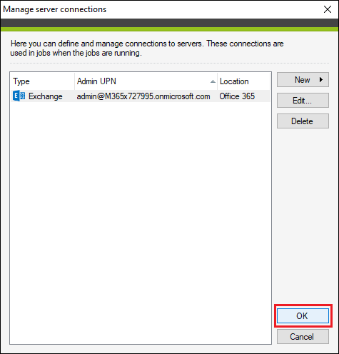 Backup O365 manage connection confirmation