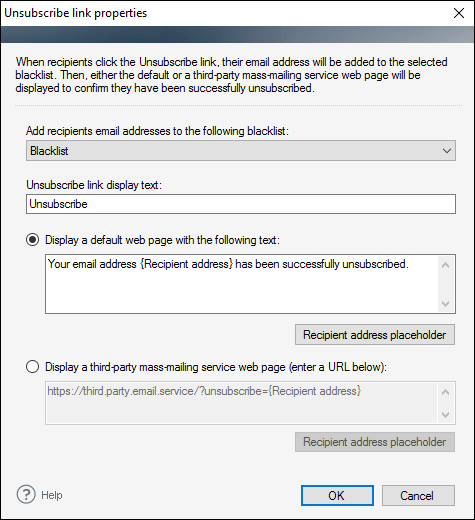 The Unsubscribe link placeholder's configuration window.
