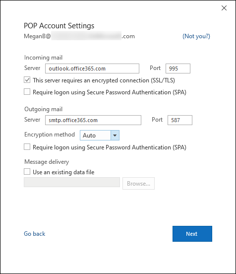 Configuring the new POP account.