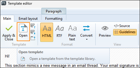 Opening the template library from the editor.