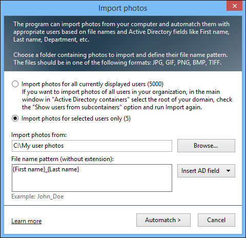 Active Directory Photos - import window