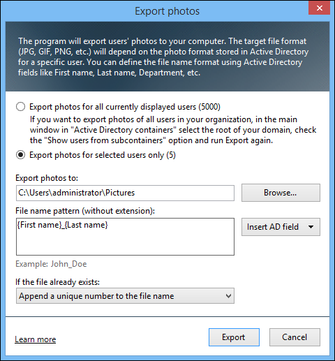 Active Directory Photos - export window