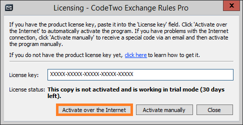 Entering a license key in the Licensing program.