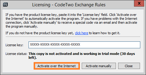 Entering a license key in the Licensing program.
