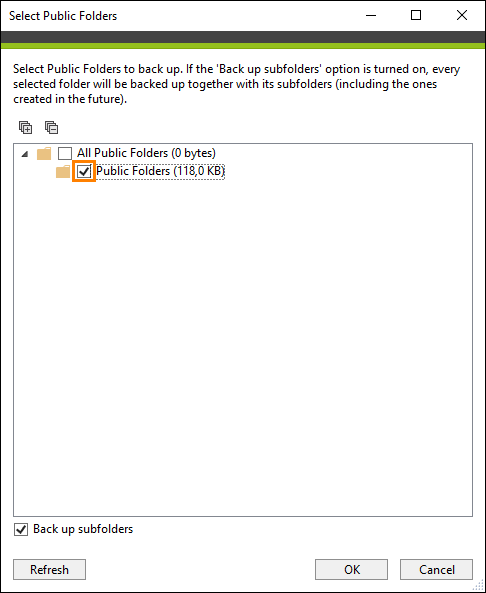 Selecting public folders to be included in the backup job.