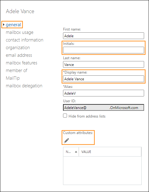 Remaining user attributes in the user mailbox properties
