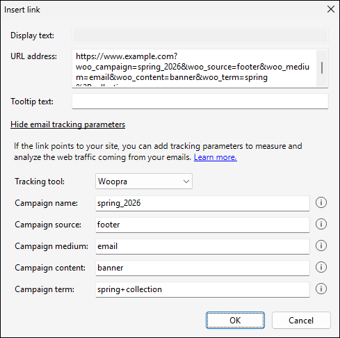 Inserting the email tracking parameters.