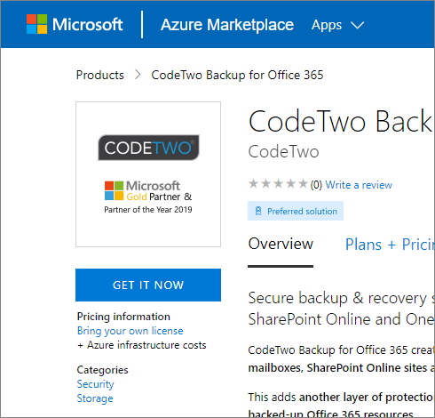 CodeTwo Backup for Office 365 is Microsoft Preferred Solution on Azure Marketplace