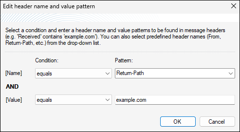 Specifying header name and value search conditions and patterns.