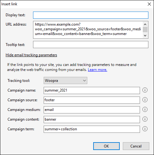 Inserting the email tracking parameters.