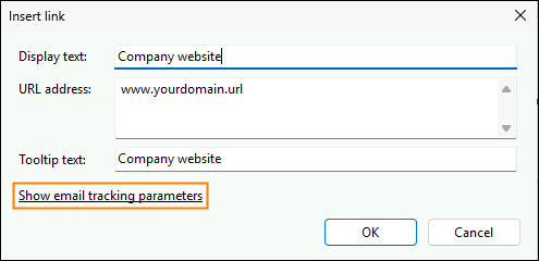 Showing email tracking parameters in the link editing window.