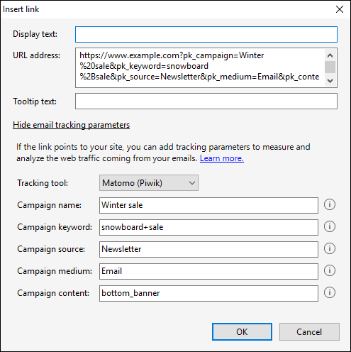 Inserting the email tracking parameters.