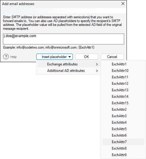 Specifying Exchange Attributes for an SMTP email address.