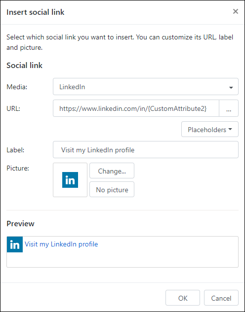 Sample configuration of a LinkedIn profile link.