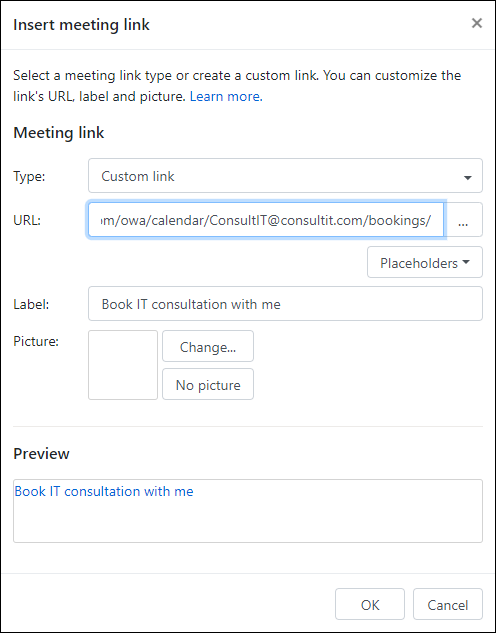 Configuring the link to the common booking page for your business in the CodeTwo template editor.
