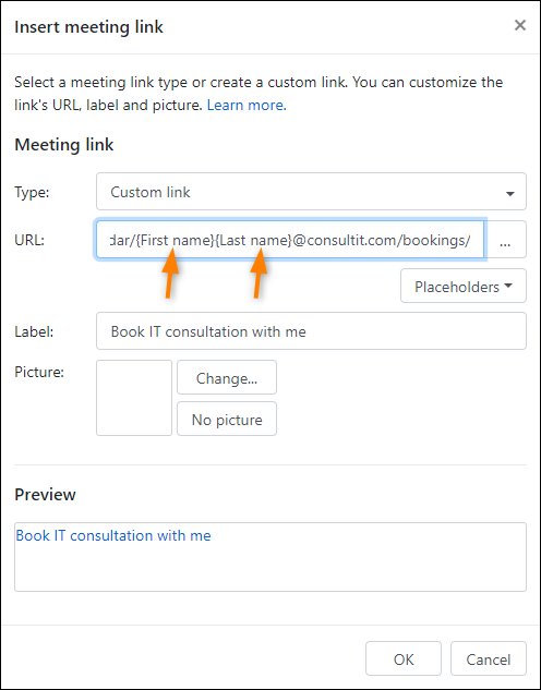 Configuring the generic link in the CodeTwo template editor.