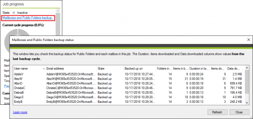 Backup Jobs tab mailboxes status