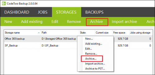 Backup create archive job from Backups tab