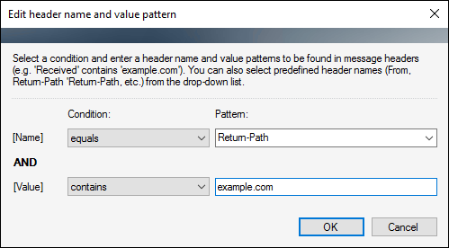 Specifying header name and value search conditions and patterns.