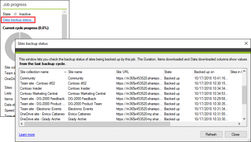 Backup Jobs tab sites status