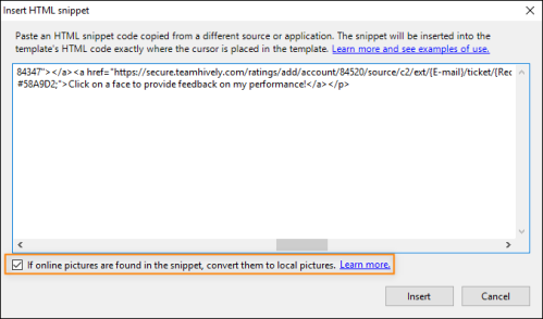 The Insert HTML snippet window.