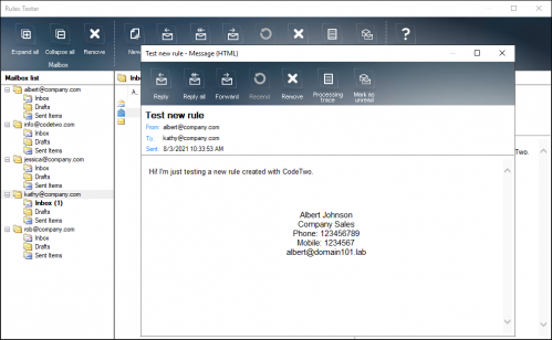 Message with the added signature visible in the Rules Tester Recipient's Inbox.