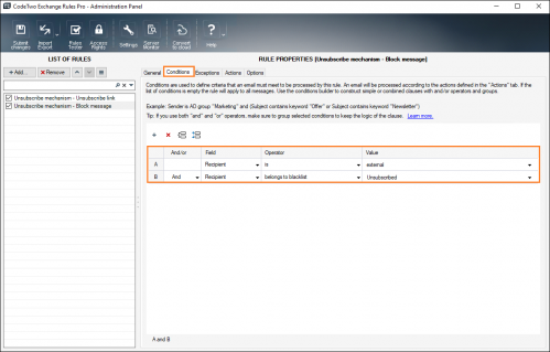 Two recipient conditions that are bound with the And operator.
