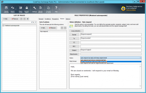 Setting the Auto respond action to reply to emails while keeping the original email.