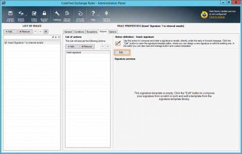 Opening the signature template editor to design the signature.