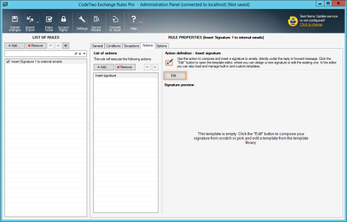 Opening the template editor to design a signature.