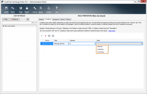 Configuring the Message direction condition.