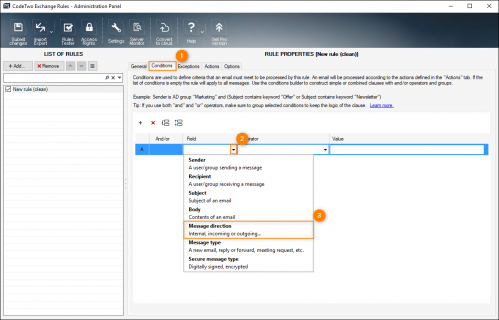 Choosing Message direction on the Conditions tab.